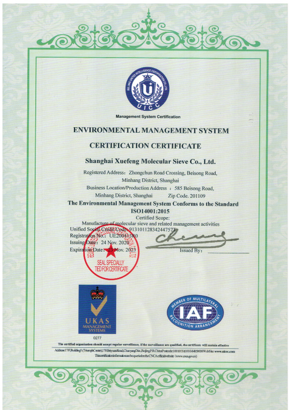 Chine Shanghai Snowpeak Molecular Sieves Co. Ltd Certifications