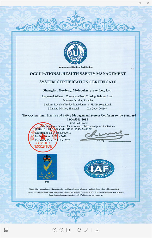 Chine Shanghai Snowpeak Molecular Sieves Co. Ltd Certifications